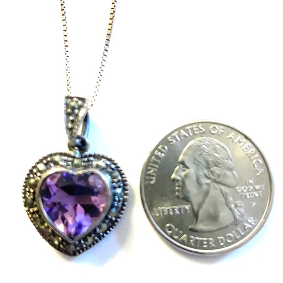 Sterling Silver Marcasite & Amethyst Heart Necklace - Picture 5 of 7